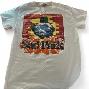 White Graphic Globe Brick Wall T-Shirt with Orange Ink